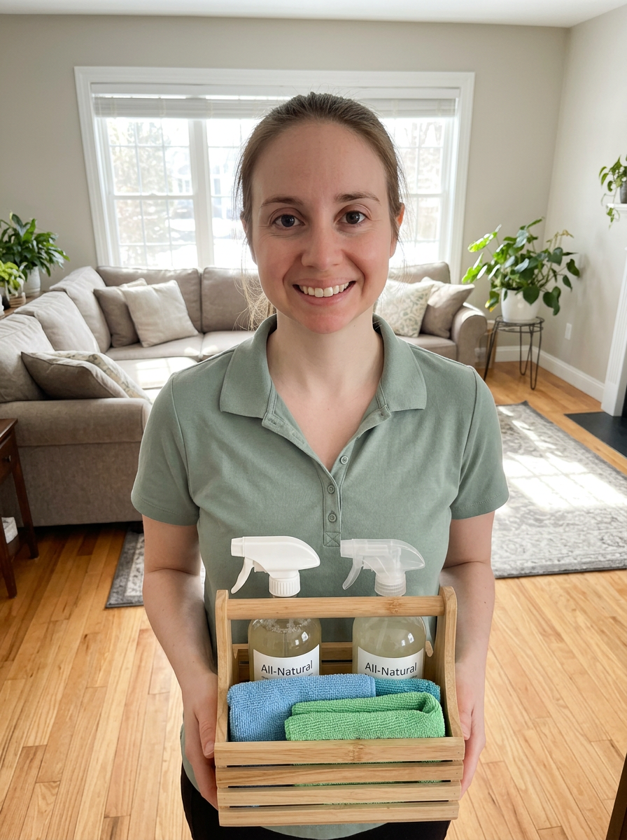 Samantha holding a caddy of eco-friendly cleaning supplies