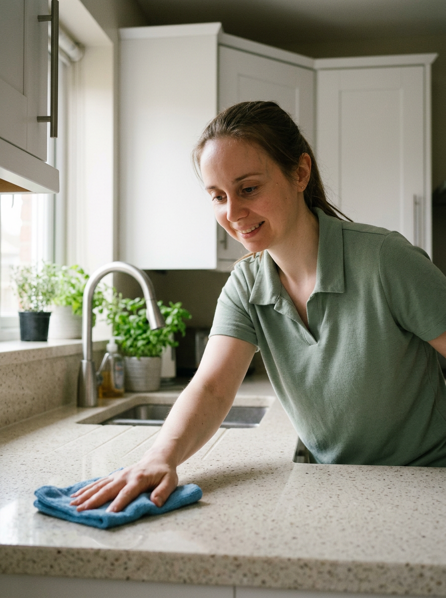 Samantha wiping down a kitchen countertop