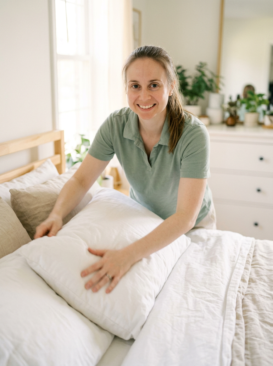 Samantha fluffing pillows on a freshly made bed